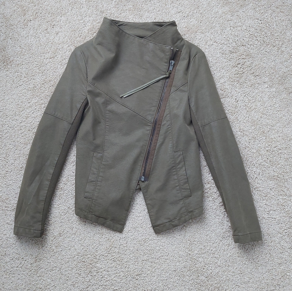 H&M Khaki Moto Crop Jacket Asymmetrical Zip Lightweight Suede Look Womens